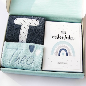 Kleines Babyset *Regenbogenherz AQUA* (mit Name) Baby Regenbogen Geschenk zur Geburt Babyparty Meilensteinkarten Lätzchen Spucktuch