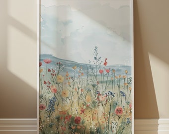 野の花の水彩画プリント、ヴィンテージ風景画（デジタルダウンロード）