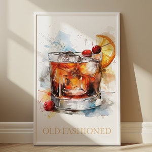 Ouderwetse aquarel digitale download afdrukbare muurkunst ouderwetse huisdecor ouderwetse digitale poster cocktailposter