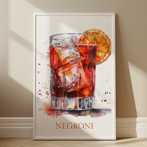 Pintura de acuarela de Negroni Descarga digital Arte de pared imprimible Decoración del hogar de Negroni Póster digital de Negroni Impresión de Negroni Póster de cóctel Regalo