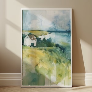 Pintura de acuarela de Normandía vintage, descarga digital, arte de pared imprimible, decoración del hogar, póster digital, impresión de Normandía vintage, arte de póster de Francia