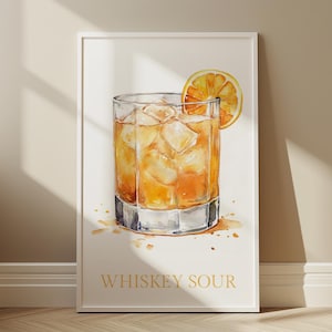 Pintura de acuarela de whisky sour Descarga digital Arte de pared imprimible Decoración del hogar Impresión de póster digital de whisky sour Póster de cóctel Arte de regalo