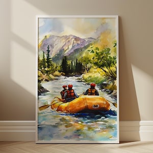 May include: A watercolour painting depicting three people in a yellow raft on a river. The river is surrounded by green trees and mountains. The sky is blue with white clouds.