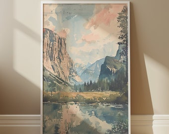 May include: A framed watercolor painting of a mountain landscape with a lake reflecting the mountains and sky. The painting features a light blue sky with pink clouds and a green valley with trees.