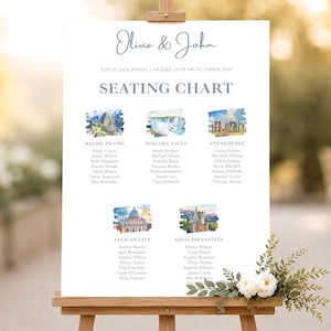 Op de afbeelding: Een wit bruiloftstafelplan op een houten ezel met de tekst Olivia & John, The Plaza Hotel, Friday, 12th of October 2026, en Seating Chart. Het toont aquarelillustraties van bezienswaardigheden met daaronder de namen van de gasten vermeld.