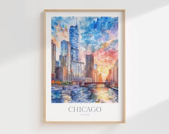 Puede incluir: Una pintura de acuarela del horizonte de Chicago con una puesta de sol colorida en el fondo. La pintura presenta un rascacielos alto en el centro, con otros edificios y un río en primer plano. El texto "CHICAGO ILLINOIS" está impreso en la parte inferior de la pintura.