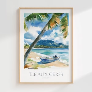 Île aux Cerfs, île Maurice, affiche aquarelle en téléchargement numérique, art mural imprimable, décoration d'intérieur, île Maurice, affiche numérique, impression d'art mural numérique