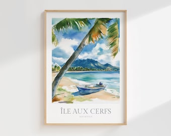 Stampa Île aux Cerfs, Poster acquerello Mauritius (download digitale)