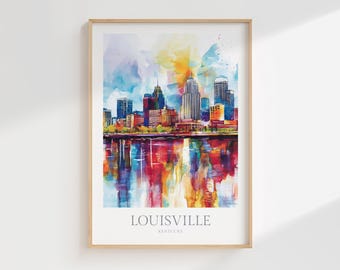 Könnte beinhalten: Ein Aquarellbild der Skyline von Louisville, Kentucky. Das Bild zeigt eine farbenfrohe Stadtlandschaft mit hohen Gebäuden und einer Spiegelung der Stadt im Wasser. Der Text "LOUISVILLE KENTUCKY" befindet sich am unteren Rand des Bildes.