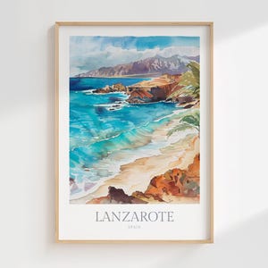 Affiche aquarelle de Lanzarote en Espagne en téléchargement numérique Lanzarote imprimable murale Art déco Lanzarote affiche numérique en Espagne, îles Canaries