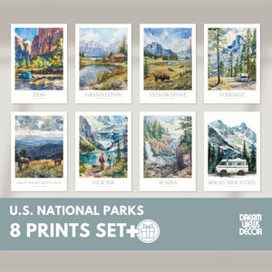 Conjunto de pôsteres em aquarela dos parques nacionais dos EUA para download digital, arte de parede para impressão, decoração para casa, pacote de impressão de pôsteres digitais dos parques nacionais dos EUA