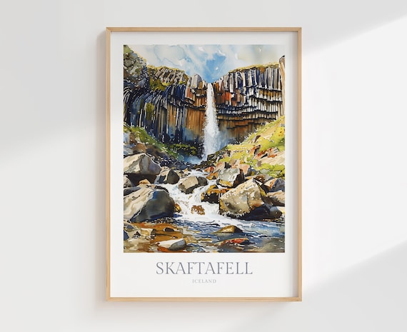 Iceland Waterfall Watercolor Art Print, Skaftafell Scenery (Digital Download)