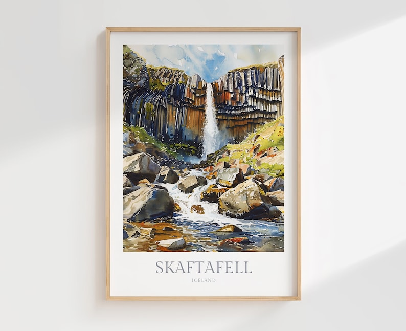 アイスランドの滝の水彩画プリント、スカフタフェルの風景（デジタルダウンロード） 画像 1