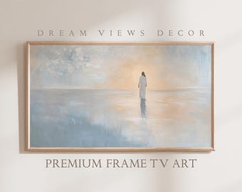 Könnte beinhalten: Gerahmtes Kunstwerk mit einer ruhigen Landschaft, die eine weiße Figur im Wasser unter sanftem, goldenem Licht zeigt. Das Kunstwerk trägt die Aufschrift "DREAM VIEWS DECOR" und "PREMIUM FRAME TV ART".