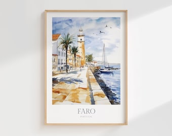 Faro Portugal Watercolor Print, Algarve Coast Art (Digital Download)