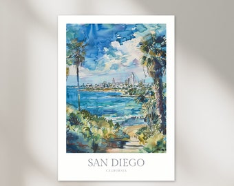 サンディエゴの水彩画プリント、カリフォルニア沿岸アート（デジタル