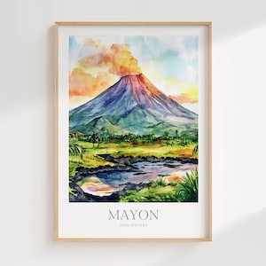 May include: Watercolor painting of Mayon Volcano in the Philippines. The volcano is depicted with a vibrant red and orange glow at the summit, surrounded by lush green vegetation and a blue lake.