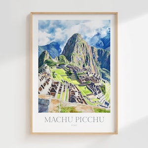 May include: A watercolor painting of Machu Picchu, an ancient Incan city located in the Cusco Region of Peru. The painting depicts the ruins of the city, including the iconic Temple of the Sun, the Intihuatana, and the Royal Palace. The painting is framed in a natural wood frame.