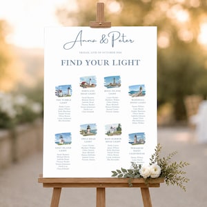 May include: A white wedding seating chart on a wooden easel featuring the text Anna & Peter, Friday, 12th of October 2026, and Find Your Light. The chart displays eight lighthouse illustrations with corresponding guest names listed below each.