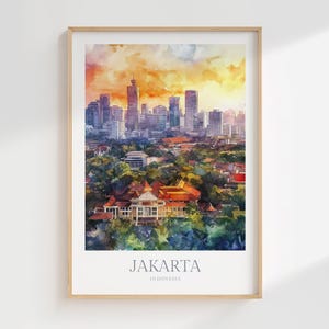 Jakarta, Indonésie, affiche aquarelle en téléchargement numérique Jakarta, impression d&#39;art mural imprimable, impression numérique Jakarta, Indonésie, voyage impression