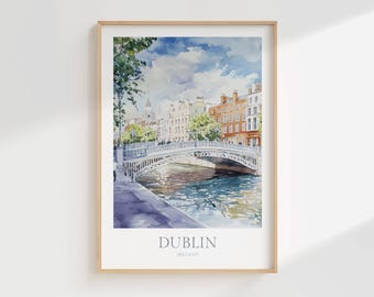 Aquarelprint Dublin, Ierland, Ha'penny Bridge (digitale download)