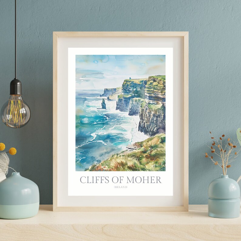 May include: A watercolour painting of the Cliffs of Moher in Ireland. The painting depicts the dramatic cliffs rising up from the sea, with waves crashing against the rocks. The sky is a light blue, and there are some clouds in the distance.