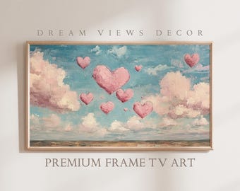 May include: A painting of pink hearts floating in a blue sky with fluffy white clouds. The painting is framed in a wooden frame.