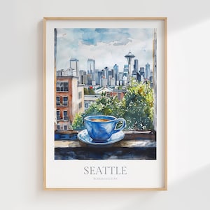 Póster de acuarela de Seattle, Washington, descarga digital, arte de pared imprimible, decoración del hogar, arte de pared Space Needle, vista de la ciudad de Seattle, descarga digital