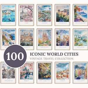 100 Iconic World Cities Watercolor Travel Prints Collection (Digital Download)