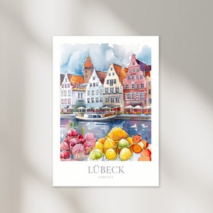 Lübeck Duitsland aquarel poster digitale download Lübeck afdrukbare kunst Lübeck print Lübeck digitale poster Duitsland poster marsepein poster