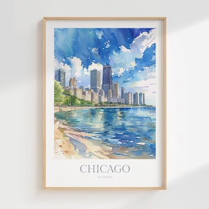 Chicago Illinois aquarel poster digitale download afdrukbare muur kunst Home decor Chicago muur print Chicago digitale tekening Michigan Lake