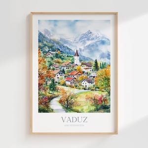 Affiche aquarelle de Vaduz Liechtenstein en téléchargement numérique Art mural imprimable Vaduz, décoration d'intérieur Affiche numérique de Vaduz Liechtenstein Art numérique