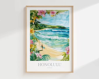 Honolulu Hawaii Watercolor Art Print, Tropical Beach (Digital Download)