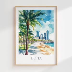 Lámina de acuarela de Doha, póster del horizonte de Qatar (descarga digital)