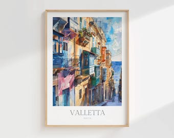 Lámina de acuarela de los balcones de La Valeta, póster de Malta (descarga digital)
