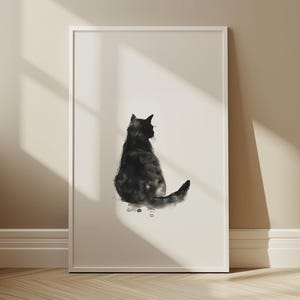 黒猫の水彩画アートプリント - ミニマリストな明るい背景ポスター デジタルダウンロード 猫の絵のプリント可能な壁アート ホームデコレーション 保育室