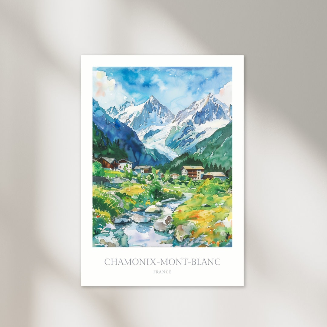アート・デザイン・音楽 Guide to Chamonix and the Mont Blanc Chamonix Mont Blanc Watercolor Art Print, French Alps (digital