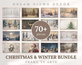May include: A collection of framed art prints with winter and Christmas themes. The images include snowy landscapes, Santa Claus, deer, and festive scenes. The text reads "DREAM VIEWS DECOR", "70+ pieces", and "CHRISTMAS & WINTER BUNDLE FRAME TV ARTS".