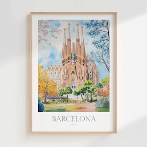 Barcelona Print Spain Watercolor Poster Digital Download Barcelona Printable Wall Art Home Decor Sagrada Família Spain Travel Art Print