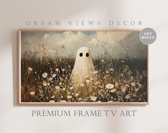 Pintura al óleo de fantasma vintage – Arte de televisión con marco de Halloween (Descarga digital)