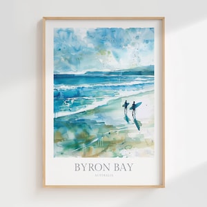 Affiche aquarelle de Byron Bay, Australie, téléchargement numérique, décoration imprimable de Byron Bay, impression de surf, affiche numérique de Byron Bay, Australie, affiche