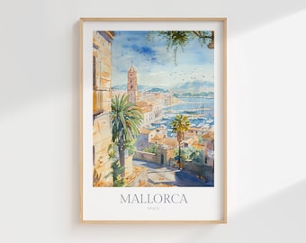 Mallorca Spain Watercolor Art Print, Coastal View (Digital Download)