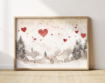 Valentines Day Print Red Hearts Wall Art Antique Vintage Valentines Village Oil Painting Decor Valentines Day Printable Gift Romantic Art