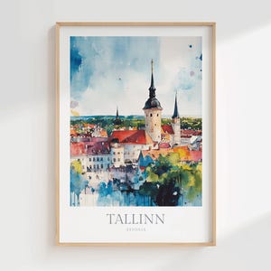 Lámina artística en acuarela de Tallin, Estonia, póster de paisaje urbano (descarga digital) imagen 1