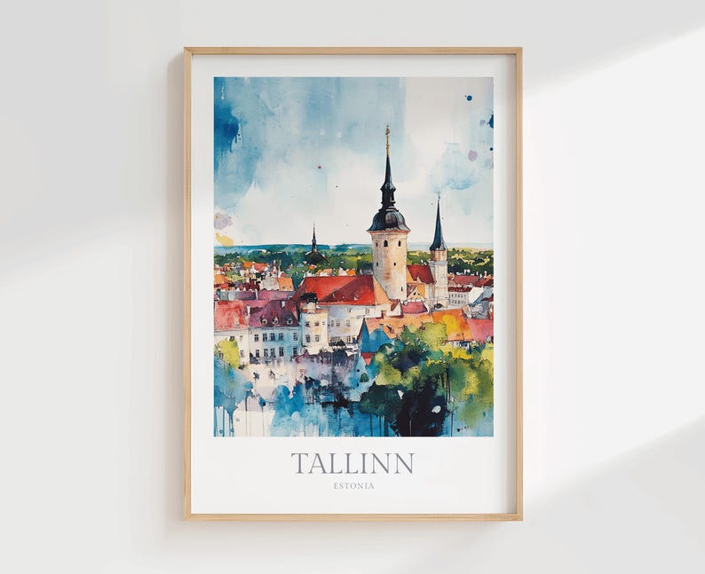 Lámina artística en acuarela de Tallin, Estonia, póster de paisaje urbano (descarga digital) imagen 1