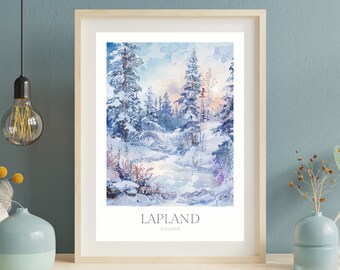 ラップランドの冬景色水彩画プリント、フィンランド旅行ポスター
