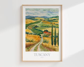 Könnte beinhalten: Ein Aquarellbild einer toskanischen Landschaft mit sanften Hügeln, einer kurvigen Straße und zwei hohen Zypressen. Das Bild ist in einem hellen Holzrahmen gerahmt und trägt unten den Text "Toskana, Italien".