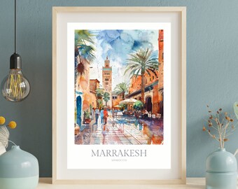 モロッコ、マラケシュの水彩画アートプリント、旅行ポスター（デジタル