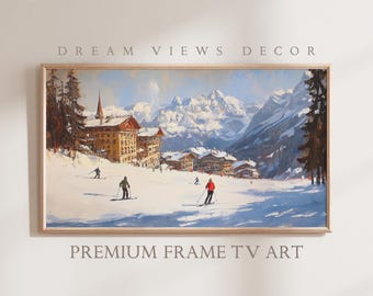 May include: A painting of a snowy mountain scene with skiers in the foreground. The painting features a large building in the background and a mountain range in the distance. The sky is blue and the snow is white.