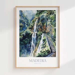 Akvarellposter med Madeiras vattenfall, Portugal-tryck (digital nedladdning)